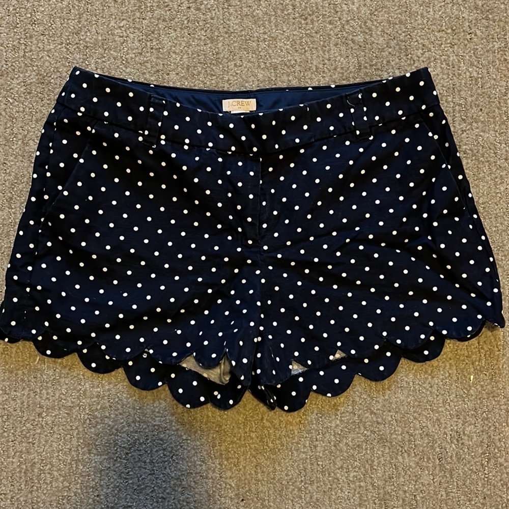 J. Crew Navy and White Polkadot Scalloped Shorts